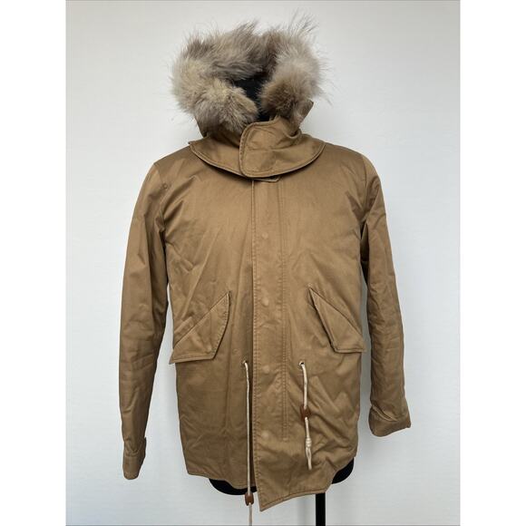 Sandro Paris Faux Fur Removable Hood Winter Parka Jacket Mens Large Sand Khaki